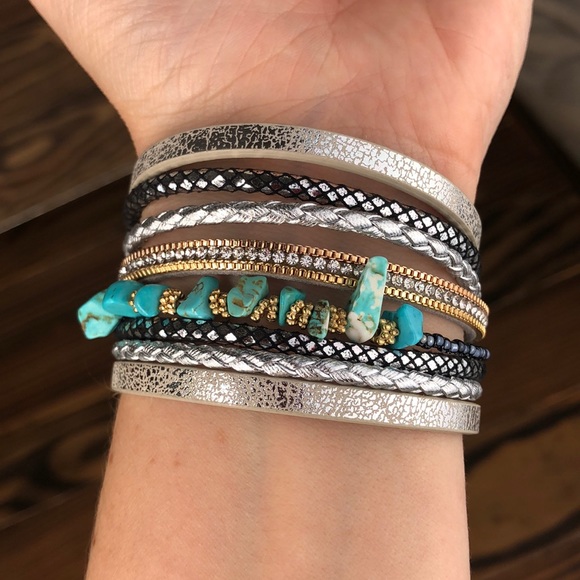 Western Bracelet Silver Cuff Cowgirl Stone Jewelry Turquoise Leather Boho NEW - Picture 2 of 5